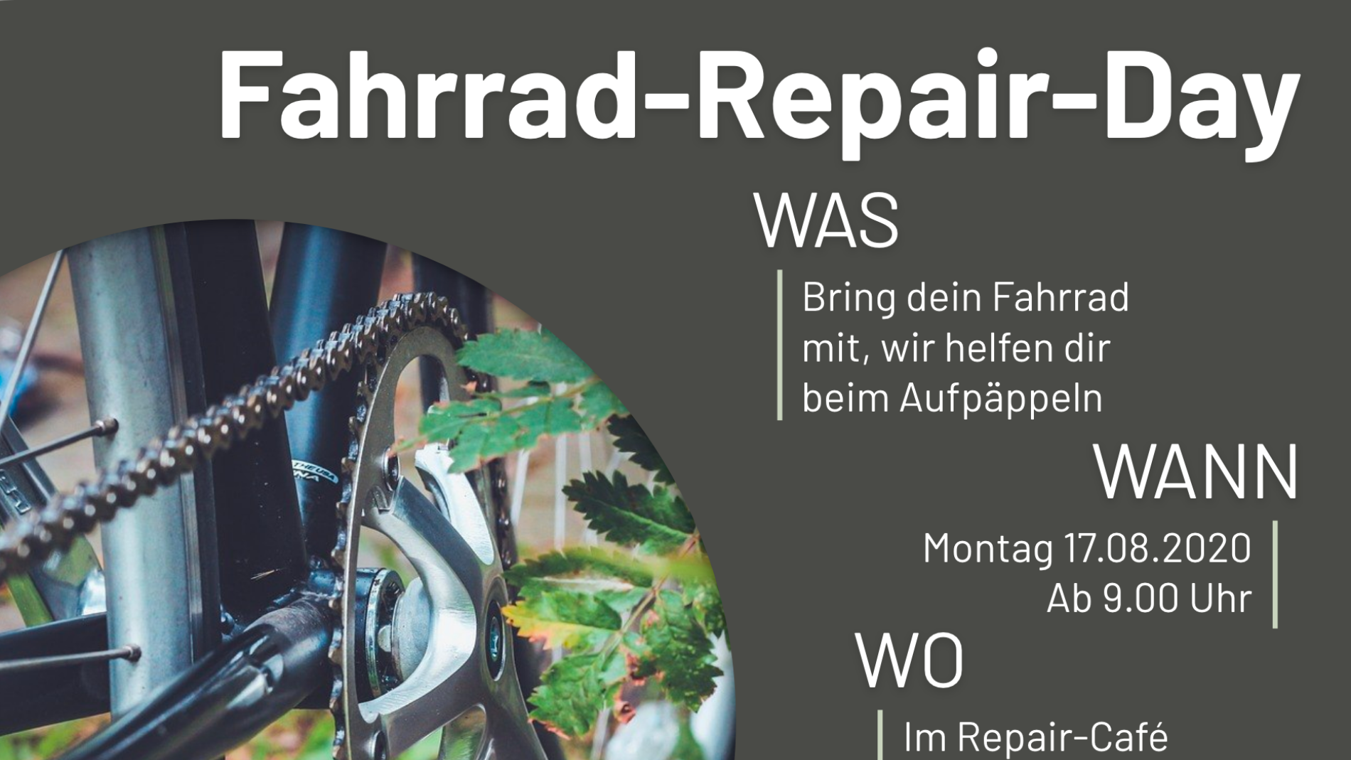 Am 17.8.20, ab 9 Uhr, findet beim HOME ein Fahrrad-Repair-Day statt: einfach das Rad mitbringen, wir päppeln es gemeinsam auf :D